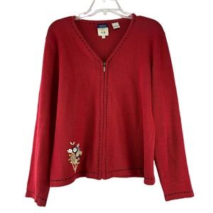 Cousin‎ Johnny Cardigan Sweater Womens Size L Red Button Embellishment Full Zip